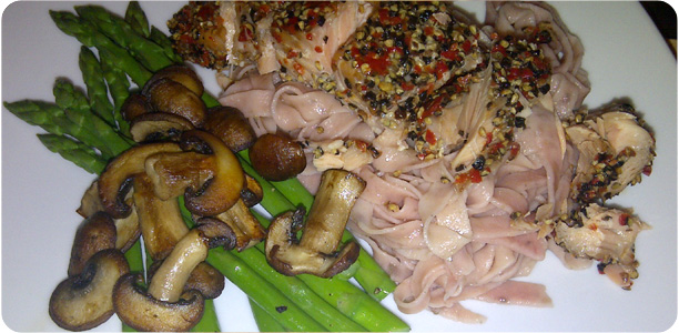 Beetroot Pasta with Peppered Salmon and Asparagus Recipe Cook Nights by Babs and Despinaki