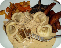 Haggis Tortellini, Neep and Carrot Crisps and Tattie Wedges Recipe